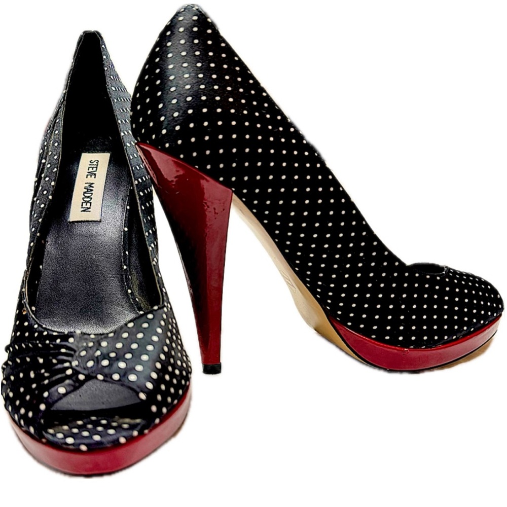 NEVER WORN Steve Madden Vintage Blk&White Polka Peeptoe w/ Red Platform Size 8.5